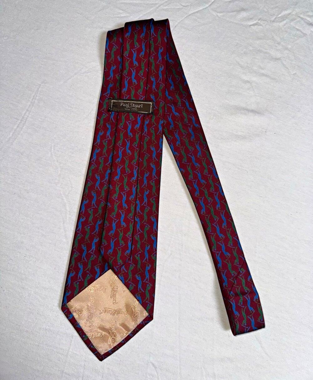 Paul Stuart Men's Tie Burgundy/Blue/Green Novelty Dance Pattern Logo Accent